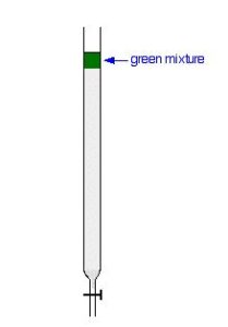 An image showing the start of a chromatography column with a green mixture at the top of the stationary phase.