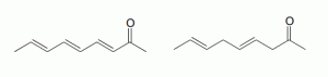 Two structures representing a 9 carbon ketone with multiple double bonds. On the left shows 2-nonanone with double bonds at C3, C5 and C7. On the right shows 2-nonanone with double bonds at C4 and C7.