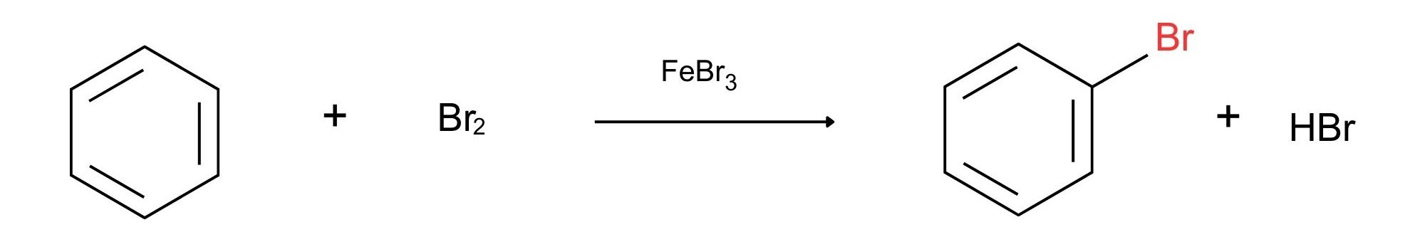 A reaction showing the structures involved in a general electrophilic aromatic substitution of benzene. Bromine is reacted with benzene using FeBr as a catalyst yielding bromobenzene and hydrogen bromide as products.