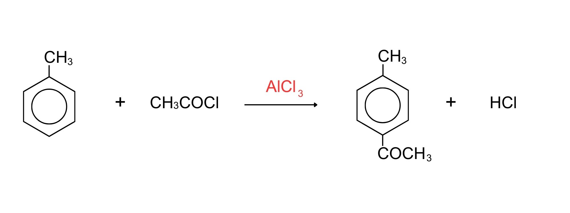 The structures involved in the reaction of methylbenzene with CH subscript 3 COCl and aluminum chloride as the catalyst to move the new group into the 4-position. 