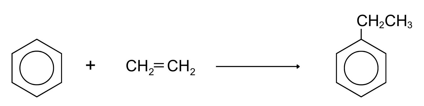 The structures involved in the reaction of benzene with ethene to produce ethylbenzene.