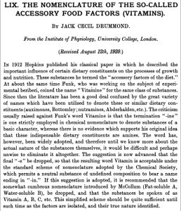 An image showing Jack Drummond’s single-paragraph article in 1920 titled "The Nomenclature of The So-Called Accessory Food Factors (Vitamins)"