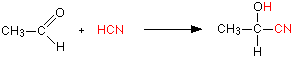 The addition reaction showing HCN reacting with ethanoic acid to produce ethanal. The HCN adds to the carbonyl portion of the carboxylic acid.
