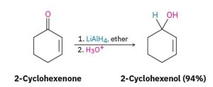 Reduction of 2-cyclohexenone forming 2-cyclohexenol with LiAlH subscript 4, ether and a hydronium ion as the reducing reagents
