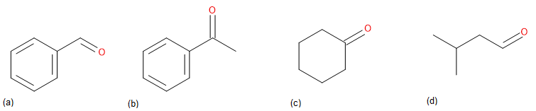 4 ketone structures: a) a ketone substituted benzene;at the primary carbon chain b) a ketone substituted benzene at the secondary carbon chain; c) cyclohexanone; and d) 3-methylbutanone.