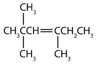 a 6 carbon chain with a double bond at the 3rd carbon, 2 methyl groups at the 2nd carbon and another methyl group at the 4th carbon