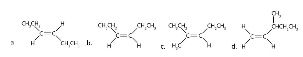 4 structures: a) the two hydrogen atoms are on opposite sides of the double bond; b) the two hydrogen atoms are on the same side, as are the two ethyl groups over a double bond; c) the two ethyl groups are on the same side over the double bond; d) no cis or trans options over the double bond