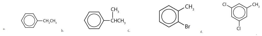 4 structures: a) a benzene ring with an ethyl group attached; b) a benzene ring with an isopropyl group attached; c) a benzene ring with a methyl group at the 2nd carbon and a bromo group at the 1st carbon; and d) a benzene ring with a chloro group at the 1st and 3rd carbon along with a methyl group at the 5th carbon