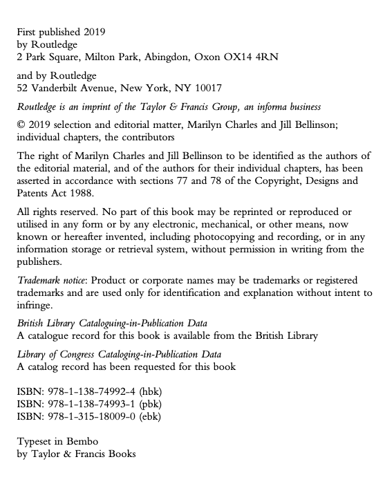 Copyright page of the ebook "The importance of play in early childhood education: Psychoanalytic, attachment, and developmental perspectives". Copyright page includes all the publication details of the ebook. Key information here are the editors Marilyn Charles and Jill Bellinson, the publication date 2019, and the publisher Routledge.