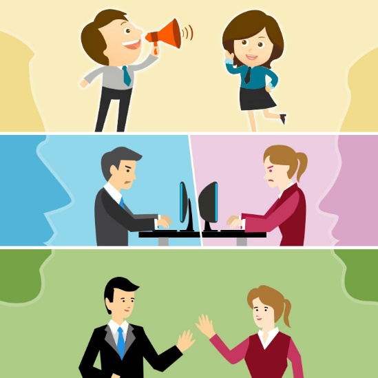 Three cartoon panels: the first a mane uses a bullhorn to speak to a woman in business attire. In the second, a man and woman angrily type to each other over computers, and in the third a man and woman wave cheerily at each other.