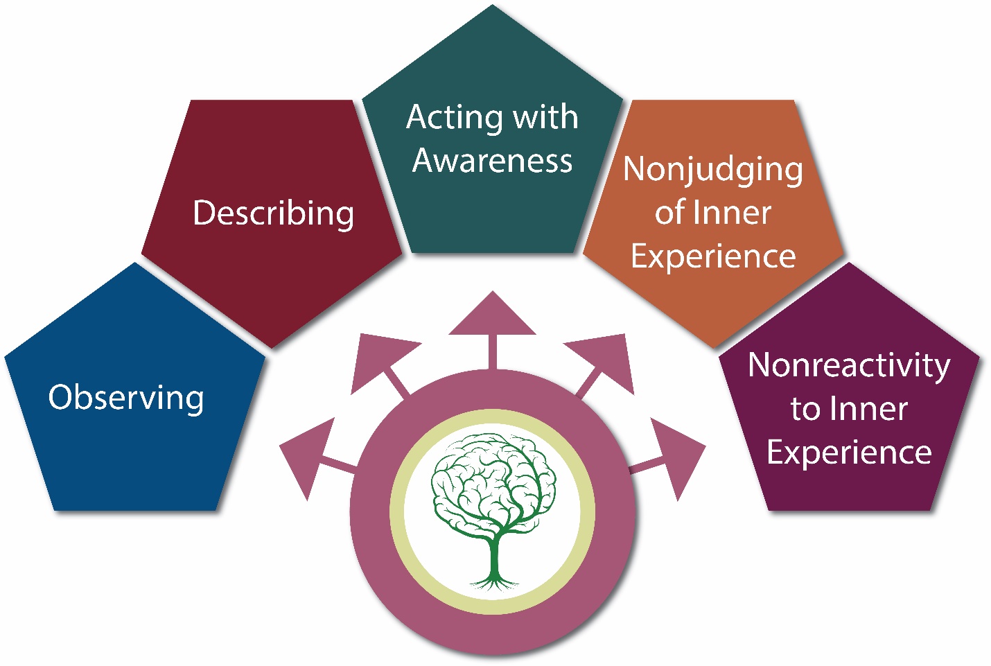Observing, Describing, Acting with awareness, nonjudging of inner experience, and nonreactivity to inner experience.