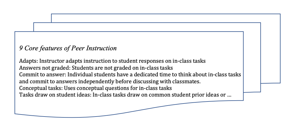 ome details of 9 core features for Peer Instruction is presented as follows: Adapts: Instructor adapts instruction to student responses on in-class tasks, Answers not graded: Students are not graded on in-class tasks, Commit to answer: Individual students have a dedicated time to think about in-class tasks and commit to answers independently before discussing with classmates., Conceptual tasks: Uses conceptual questions for in-class tasks, Tasks draw on student ideas: In-class tasks draw on common student prior ideas or …