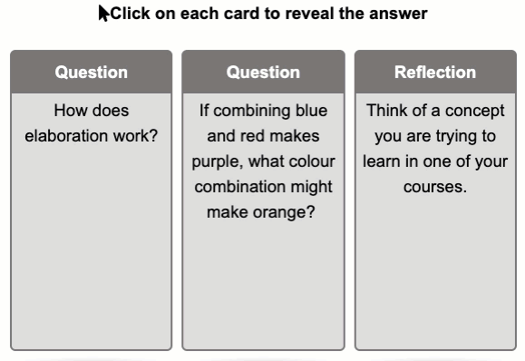 animated GIF demonstrating a Flip Cards Exemplar. Grey cards are displayed containing a question or prompt on one side. When selected the card animates and flips over to reveal the answer, or reflection on the other side.