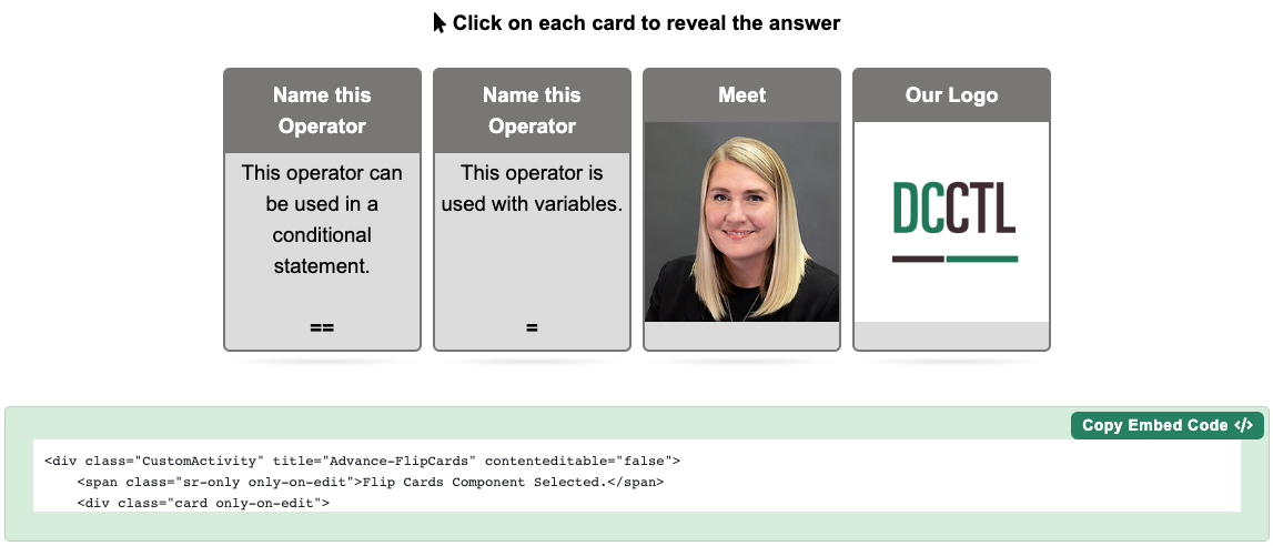 Interactive Flip Cards Example. Grey cards are displayed containing a question or prompt on one side. When selected the card animates and flips over to reveal the answer, or reflection on the other side.