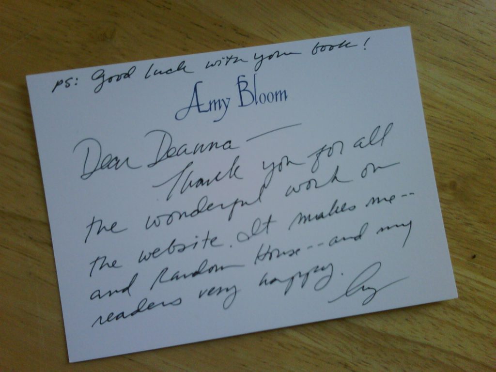 Handwritten thank you note with the following text: "Dear Deanna - Thank you for all the wonderful work on the website. It makes me and my readers very happy."
