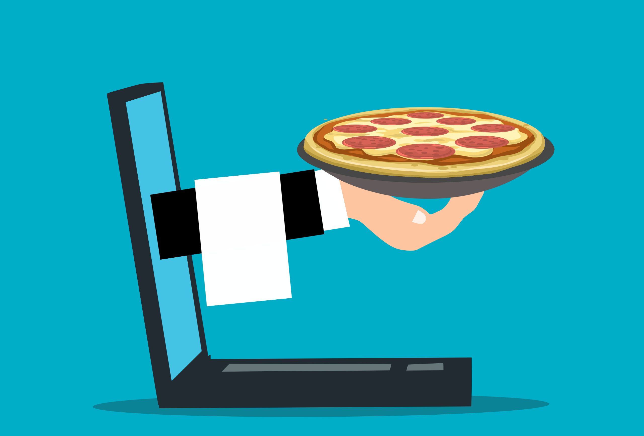 A graphic of a hand holding a pizza extending out of a laptop screen.