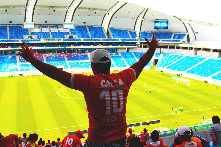 A soccer fan cheers for his favourite team in a stadium.