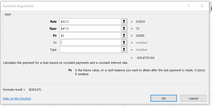 Function Arguments dialog box for PMT function shows values for Rate, Nper, and Pv, function output, and definition of selected argument. Help on function link at bottom.