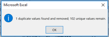 Dialog box states 1 duplicate values found and removed; 102 unique values remain.