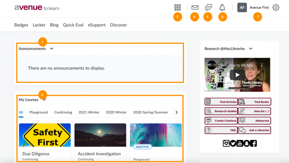 screenshot of Avenue to Learn homepage