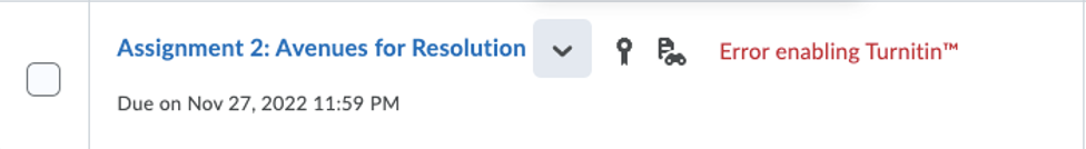 Assignment 2: Avenues for Resolution displaying "Error enabling Turnitin" in red text.