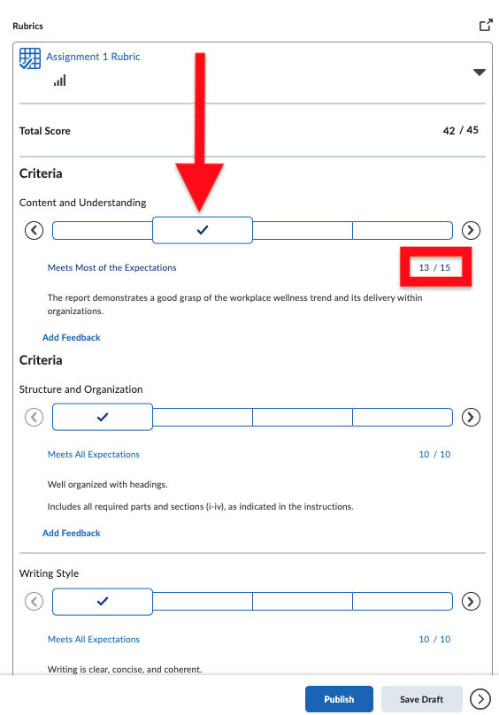 Example of assignment rubric with arrows indicating where to select the criteria level achieved and adjust the point score.