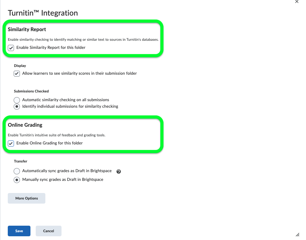 Turnitin Integration pop-up window with similarity report and online grading enabled