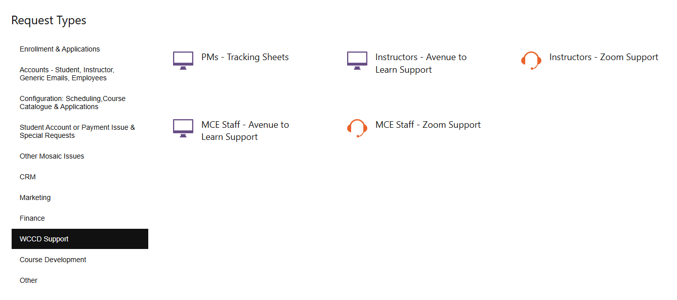 Jira ticketing system showing the different options for support.