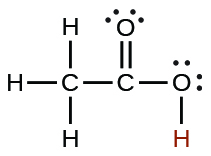 This image represents the Lewis structure for acetic acid. This acid is made up of a 2 carbon chain with a carboxylic acid functional group. This consists of an end carbon double bonded to an oxygen and also bonded to an OH group.
