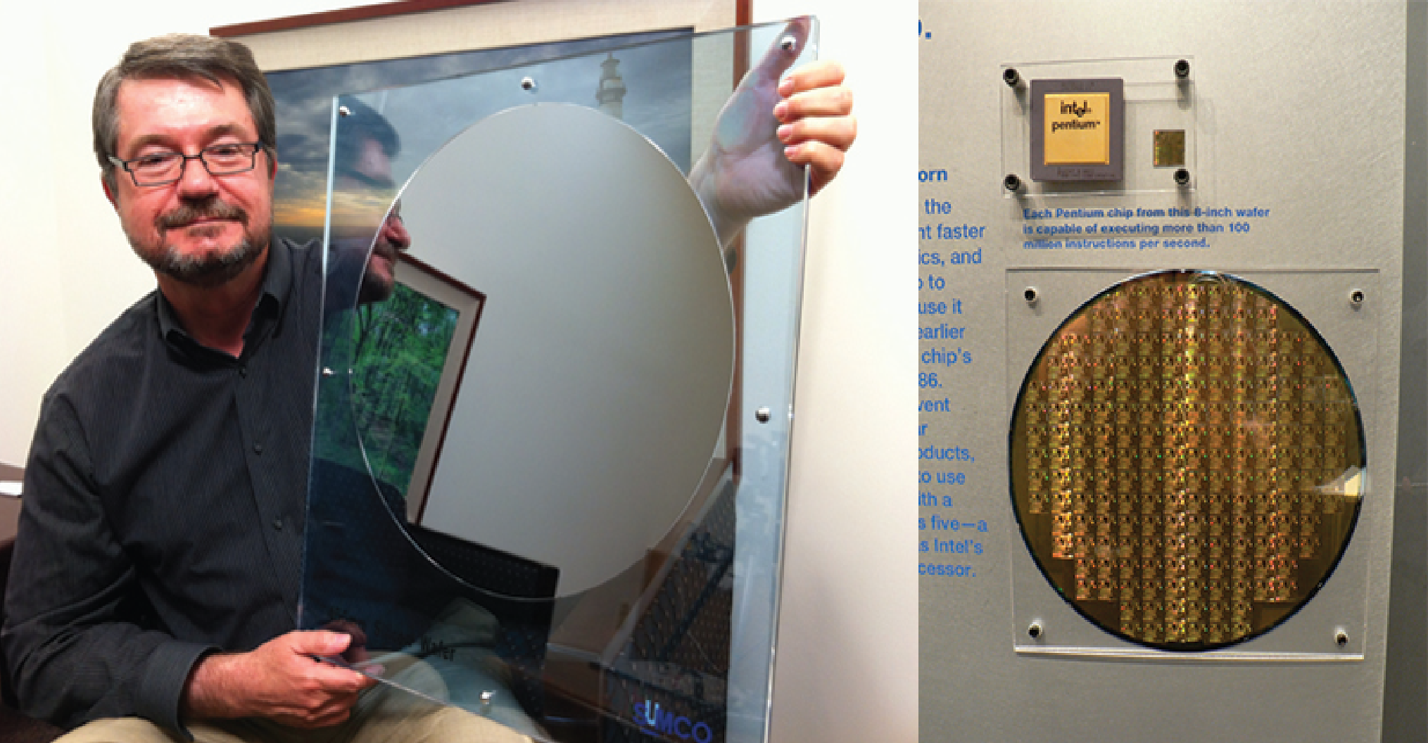 Two photos are shown. The first image shows a man holding a round, reflective disc held inside of a protective, clear container. The second image shows a round disc covered in metallic chips which is behind a protective covering.