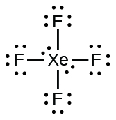 A Lewis structure shows a xenon atom with two lone pairs of electrons. It is single bonded to four fluorine atoms each with three lone pairs of electrons.