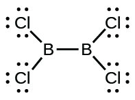 A Lewis structure shows two boron atoms that are single bonded together. Each is also single bonded to two chlorine atoms that both have three lone pairs of electrons.