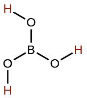 This image represents the Lewis structure for boric acid. This acid is made up of boron as the central atom, single bonded to 3 oxygen atoms.