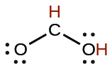 This image represents the Lewis structure for formic acid. This acid is made up of carbon as the central atom, single bonded to an OH (hydroxide) group an oxygen atom, and a single hydrogen atom.