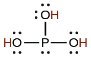 This image represents the Lewis structure for phosphorous acid. This acid is made up of phosphorous as the central atom, single bonded to three OH (hydroxide) groups.