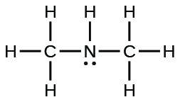  This image represents the Lewis structure for dimethylamine. Nitrogen is central and there are two separate single carbon chains attached on either side. Nitrogen is also bonded to one hydrogen atom and one lone pair of electrons.