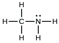 This image represents the Lewis structure for methylamine. Nitrogen is central and there is one single carbon chain attached. Nitrogen is also bonded to two hydrogen atoms and one lone pair of electrons.