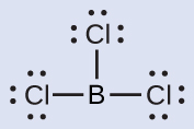 A Lewis structure depicts a boron atom that is single bonded to three chlorine atoms, each of which has three lone pairs of electrons.
