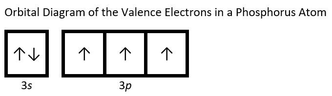 The orbital diagram of the valence electrons in a phosphorus atom is shown. The valence electrons fill the 3s orbital, and 3 electrons fill the 3p orbital. An up arrow or down arrow is used to represent an electron. If two electrons share the same orbital, one arrow points up and the other down to show they have opposite spins.