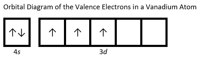The orbital diagram of the valence electrons in a vanadium atom is shown. There are five valence electrons in total. Two fill the 4s orbital and three electrons fill the 3d orbitals. An up arrow or down arrow is used to represent an electron. If two electrons share the same orbital, one arrow points up and the other down to show they have opposite spins.