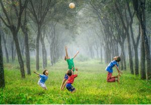 Four children playing in a field surrounded by trees.