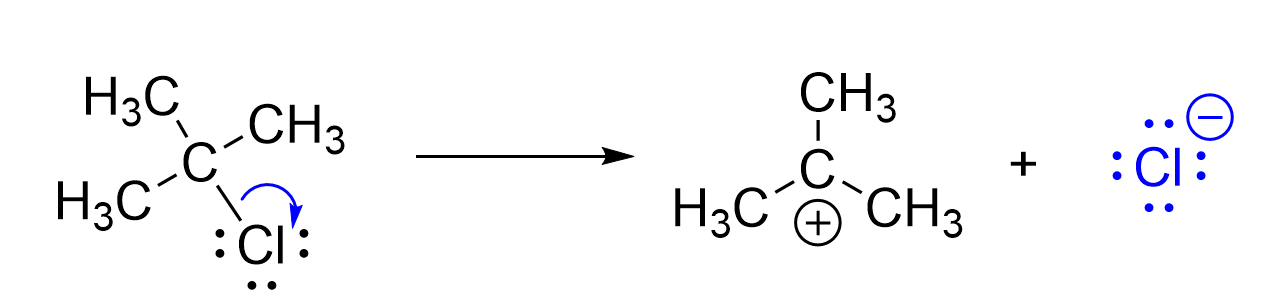 Carbon connected to 3 methyl groups and Cl, on the left of the horizontal arrow. On the right, C connected to 3 methyl groups and a positive charge, plus a Chloride (Cl-).