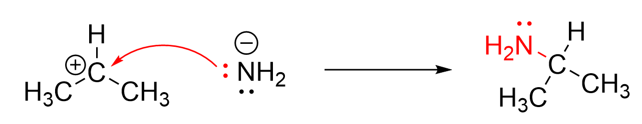 A propane molecule, featuring a central carbon atom (C) with a formal positive charge bound to a hydrogen atom (H) and two methyl groups (CH3). Next to it, an amide (NH2-) is represented, featuring a formal negative charge and two lone pairs on the nitrogen atom (N), denoted by two black dots on the sides of the N. A curved red arrow is depicted with the arrow tail beginning at one of the lone pairs on the nitrogen and the arrowhead pointing towards the positively charged carbon. An additional arrow to the right indicates the reaction between the carbocation and the amide, resulting in a new molecule. The central carbon in propane now forms a fourth bond with the nitrogen of NH2, now with one lone pair.