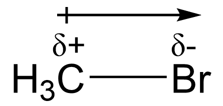H3C has a line connecting from the C to Br with delta plus on top of C and delta minus on top of Br. A horizontal arrow above the molecule pointing towards Br and a small vertical line going through the tail of the arrow.
