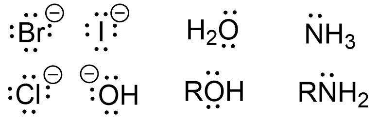 Br, I, Cl, and OH anions. H2O, ROH, NH3, RNH2.