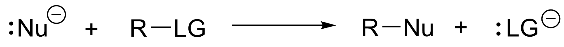 Nucleophile (Nu with one lone pair and a negative charge), plus, R connected to LC by a line on the left side of a horizontal arrow. On the right is R connected to Nu and LG is an anion.