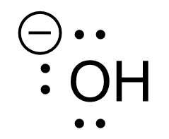 Hydroxide (OH-): 3 lone pairs around O and a minus symbol.