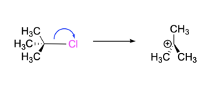 Tert-butyl chloride in the first step of an SN1 reaction. A blue curved arrow is drawn such that the tail end is at bond between carbon and Cl, and the arrowhead points to Cl. A horizontal arrow to the right points to a tert-butyl carbocation (C(CH3)3+) in a trigonal planar form.