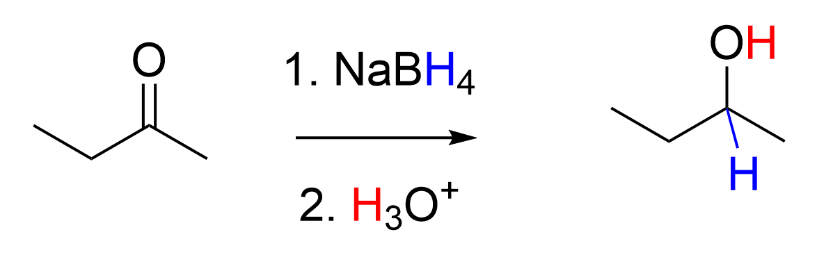 Butan-2-one reacts first with sodium borohydride, then second with H3O+ (acid) to be reduced to a secondary alcohol butan-2-ol.