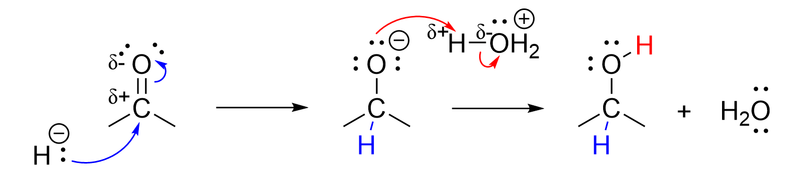 The lone pair on a hydride attacks the carbon-center of the ketone and the electrons in the pi bond are pushed up to the oxygen. The alkoxide is protonated by acid (H3O+) to a secondary alcohol and water is a by-product.
